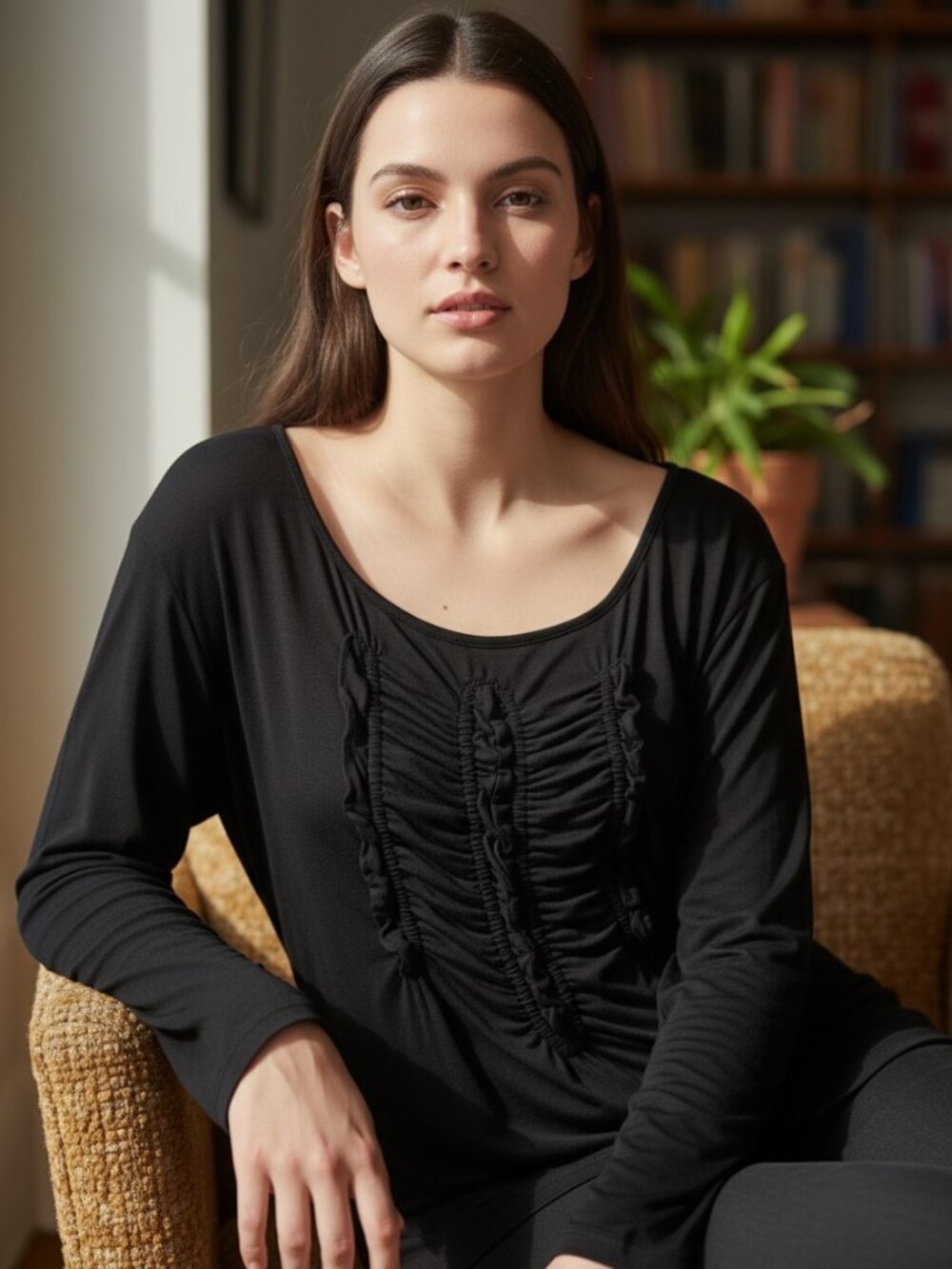 Black Ruched Top XL Scoop Neck Stretch Long Sleeve Versatile Basic Layering